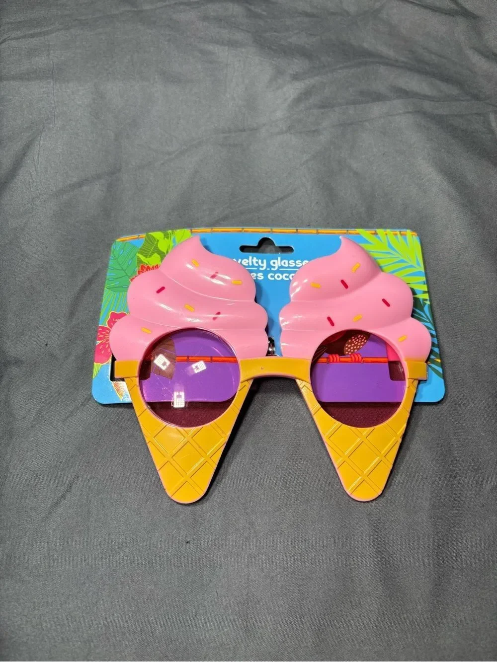 New Novelty Ice Cream Cone Sunglasses - Pink & Yellow with Purple Lenses
